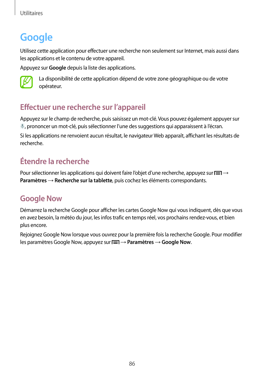 Samsung GT-P5200ZWAXEF manual Effectuer une recherche sur l’appareil, Étendre la recherche, Google Now 