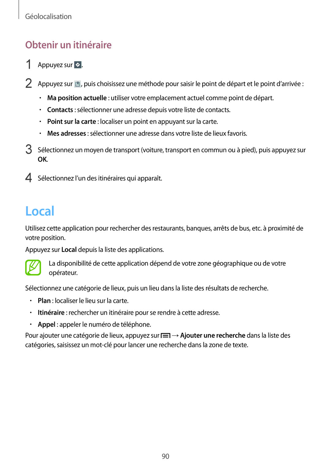 Samsung GT-P5200ZWAXEF manual Local, Obtenir un itinéraire 