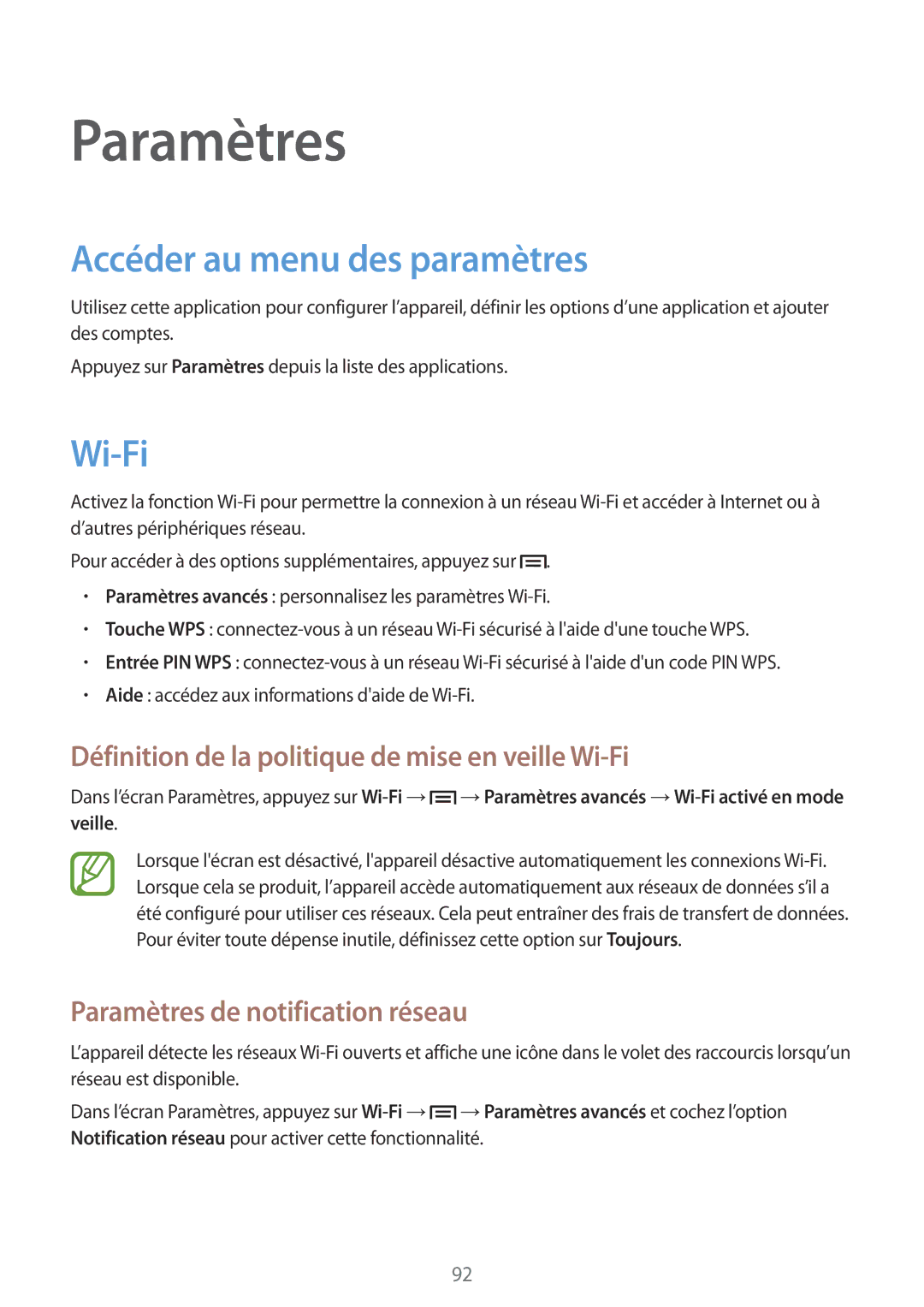 Samsung GT-P5200ZWAXEF manual Accéder au menu des paramètres, Wi-Fi, Paramètres de notification réseau 