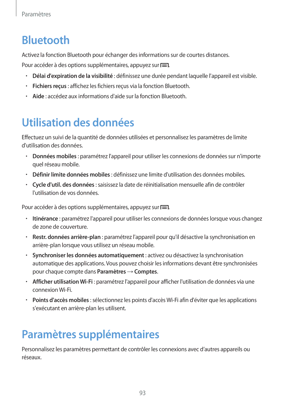 Samsung GT-P5200ZWAXEF manual Utilisation des données, Paramètres supplémentaires 