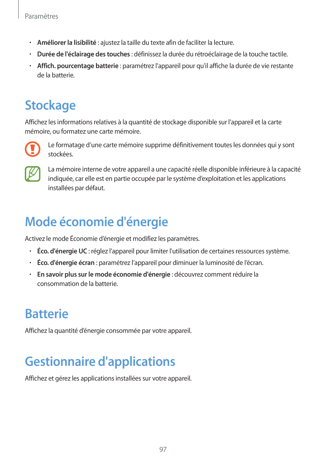 Samsung GT-P5200ZWAXEF manual Stockage, Mode économie dénergie, Batterie, Gestionnaire dapplications 