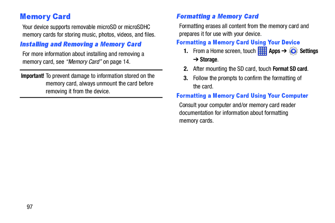 Samsung GT-P5210GNYXAR user manual Installing and Removing a Memory Card, Formatting a Memory Card, Storage 