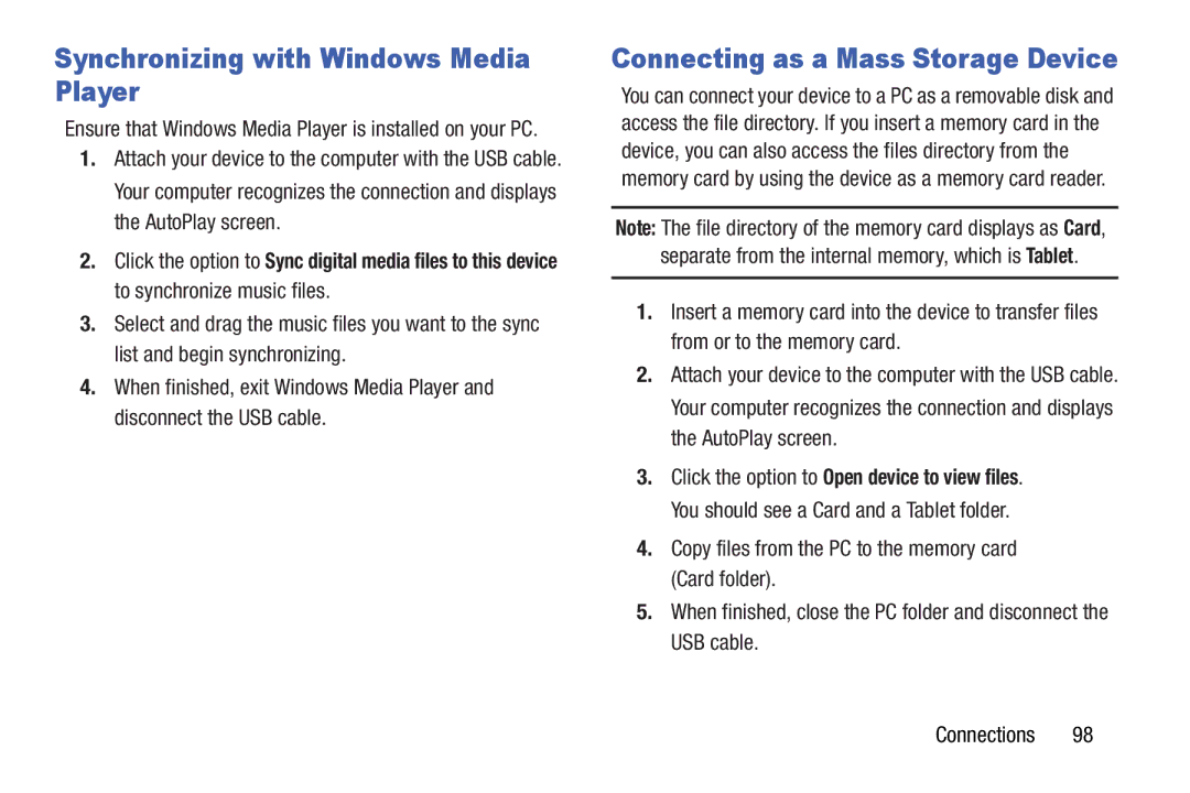 Samsung GT-P5210GNYXAR user manual Synchronizing with Windows Media Player, Connecting as a Mass Storage Device 