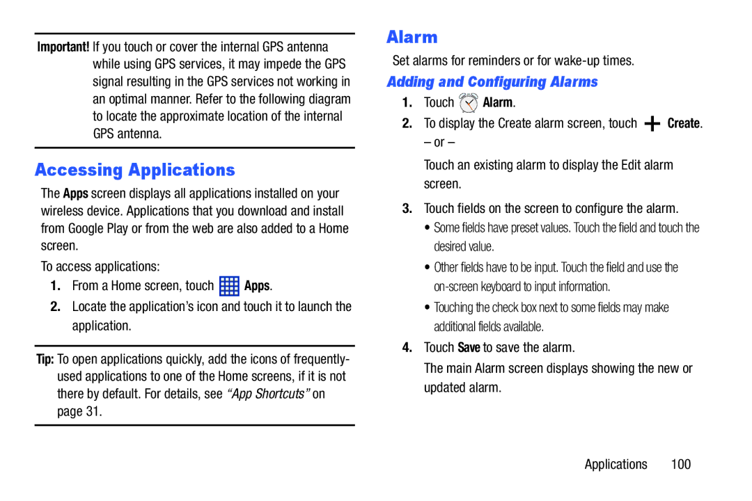 Samsung GT-P5210GNYXAR user manual Accessing Applications, Adding and Configuring Alarms, Touch Alarm 