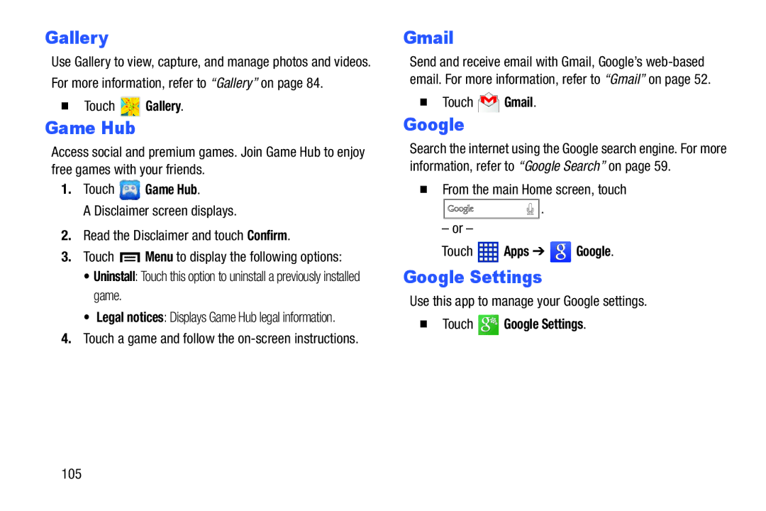 Samsung GT-P5210GNYXAR user manual Game Hub, Google Settings 