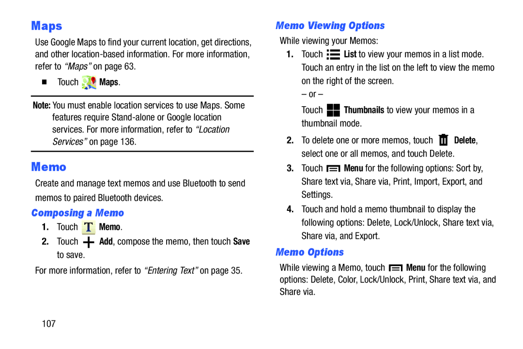 Samsung GT-P5210GNYXAR user manual Composing a Memo, Memo Viewing Options, Memo Options,  Touch Maps 