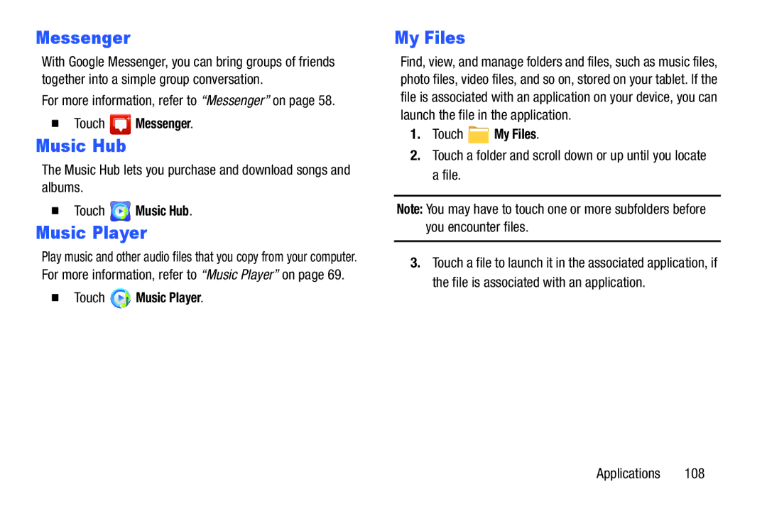 Samsung GT-P5210GNYXAR user manual  Touch Messenger,  Touch Music Hub, Touch My Files 