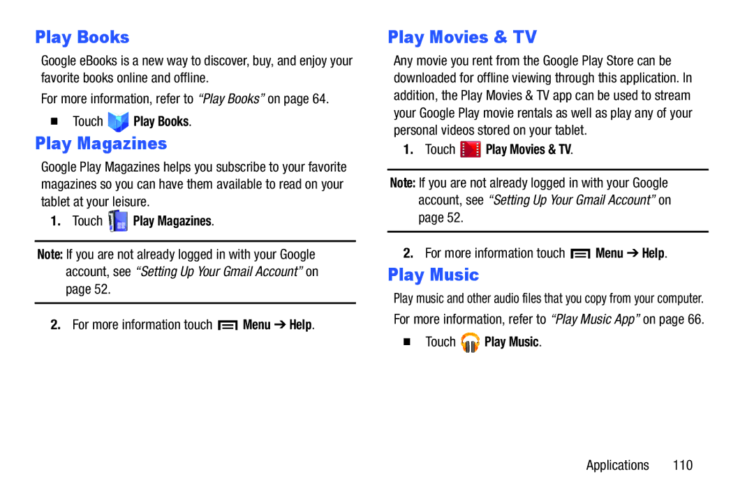 Samsung GT-P5210GNYXAR user manual Play Movies & TV, Play Music 