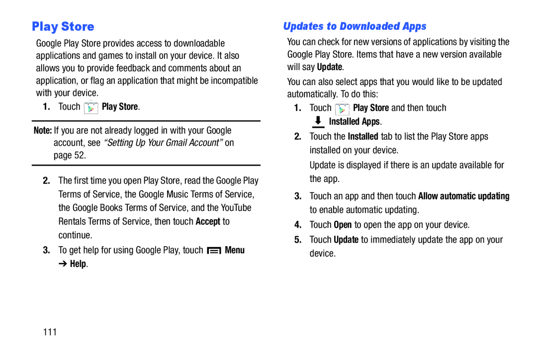 Samsung GT-P5210GNYXAR user manual Updates to Downloaded Apps, Touch Play Store, Installed Apps 