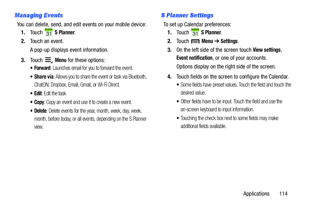 Samsung GT-P5210GNYXAR user manual Managing Events, Planner Settings, Edit Edit the task, To set up Calendar preferences 