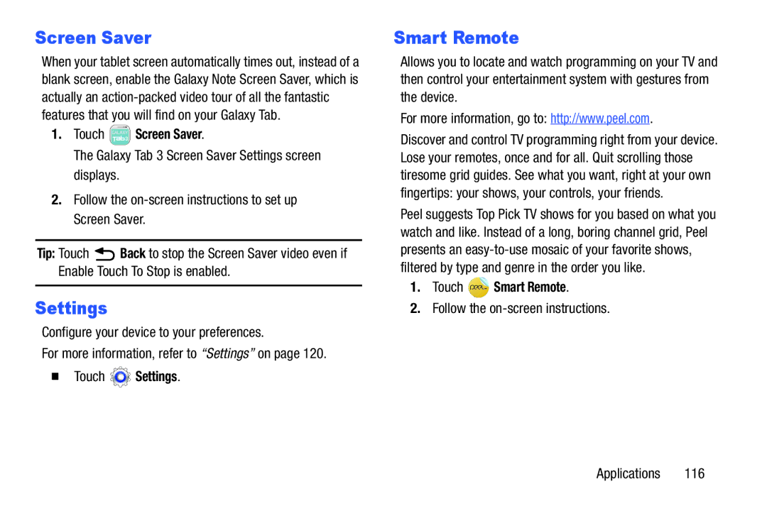 Samsung GT-P5210GNYXAR user manual Screen Saver, Settings, Smart Remote 