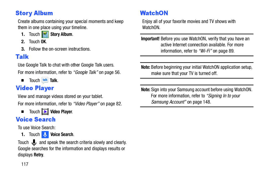 Samsung GT-P5210GNYXAR user manual Story Album, Talk, Voice Search, WatchON 