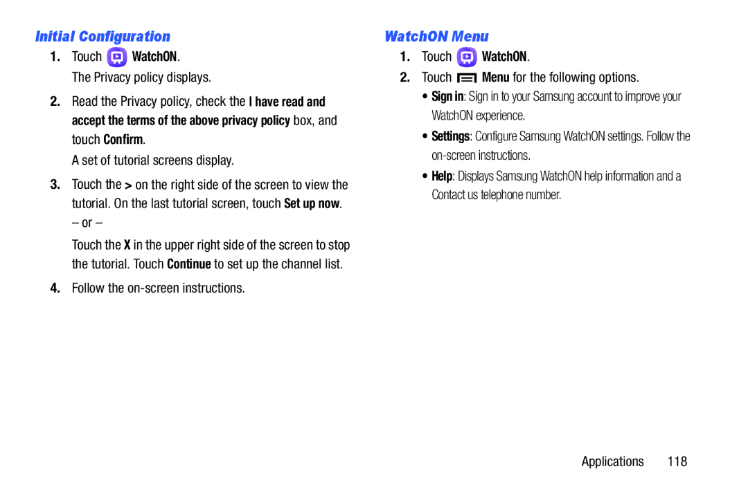 Samsung GT-P5210GNYXAR user manual Initial Configuration, WatchON Menu, Touch WatchON 