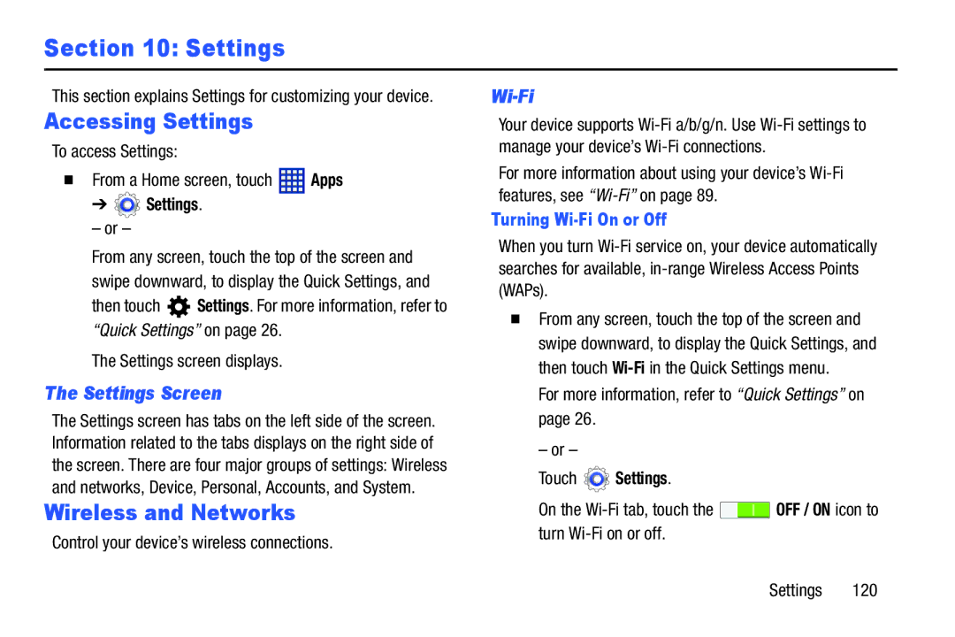 Samsung GT-P5210GNYXAR user manual Accessing Settings, Wireless and Networks, Settings Screen, Turning Wi-Fi On or Off 