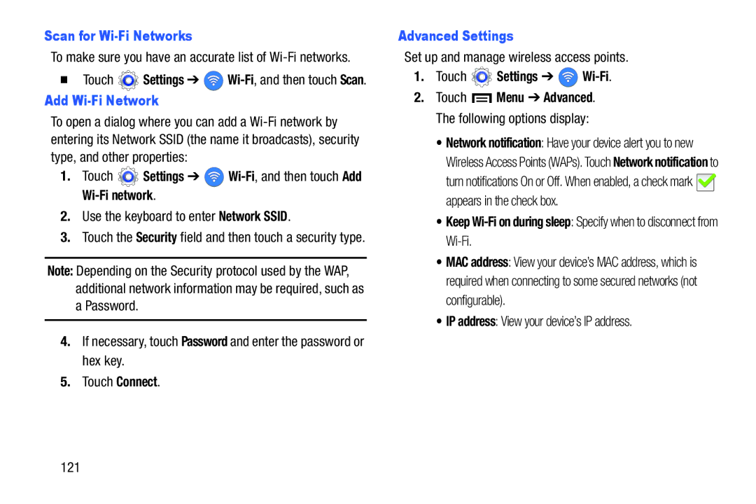 Samsung GT-P5210GNYXAR user manual Scan for Wi-Fi Networks, Add Wi-Fi Network, Advanced Settings, Touch Settings Wi-Fi 