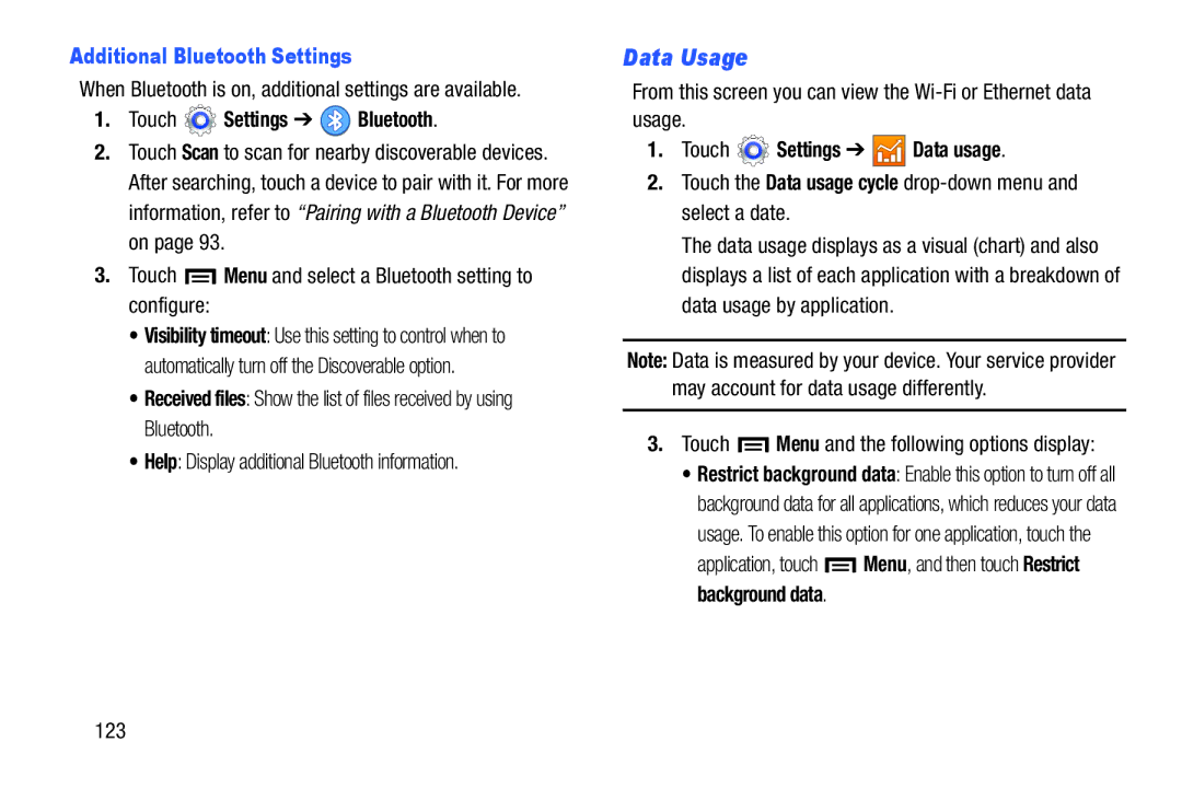 Samsung GT-P5210GNYXAR Data Usage, Additional Bluetooth Settings, When Bluetooth is on, additional settings are available 