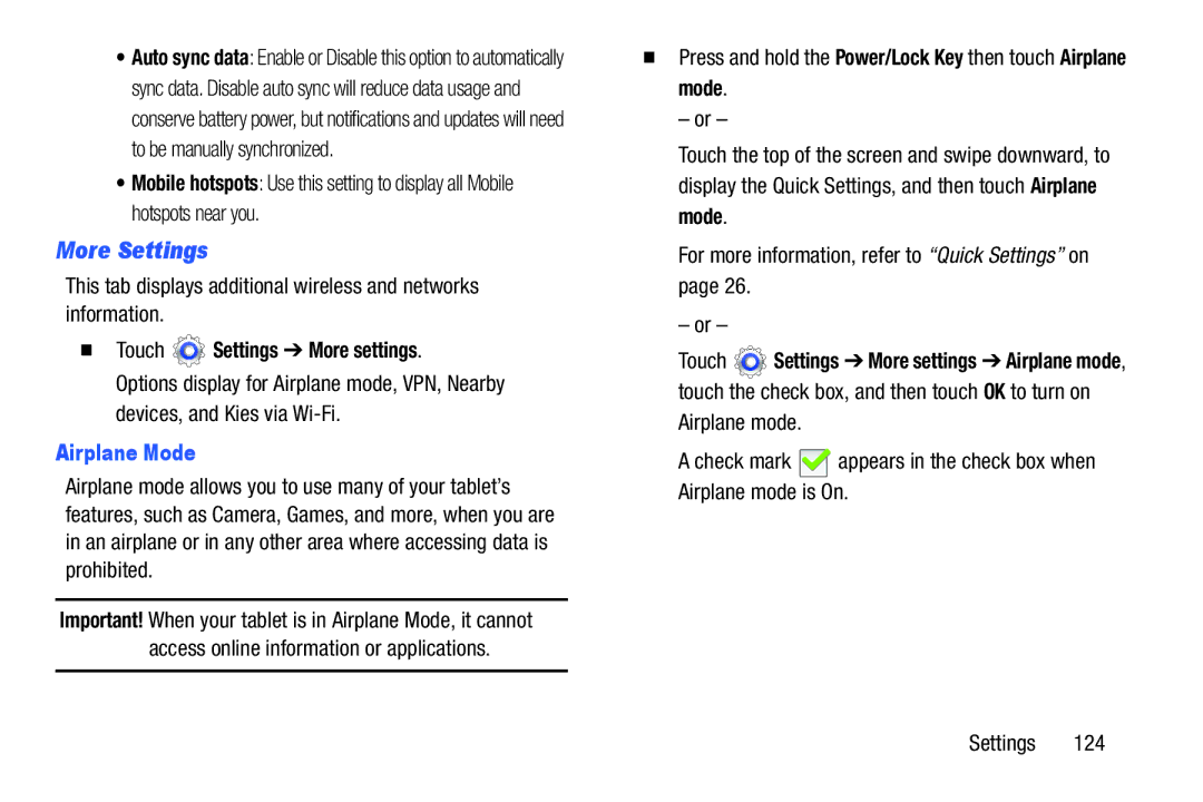 Samsung GT-P5210GNYXAR user manual More Settings,  Touch Settings More settings, Airplane Mode 