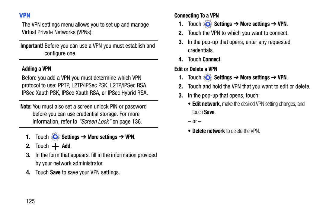 Samsung GT-P5210GNYXAR user manual Adding a VPN, Touch Settings More settings VPN 