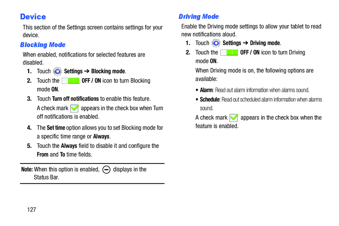 Samsung GT-P5210GNYXAR Device, Blocking Mode, Driving Mode, Touch Settings Blocking mode, Touch Settings Driving mode 