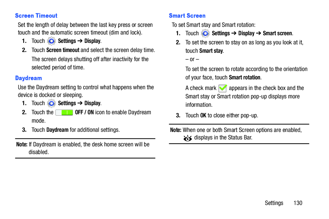 Samsung GT-P5210GNYXAR user manual Screen Timeout, Touch Settings Display, Daydream, Smart Screen 