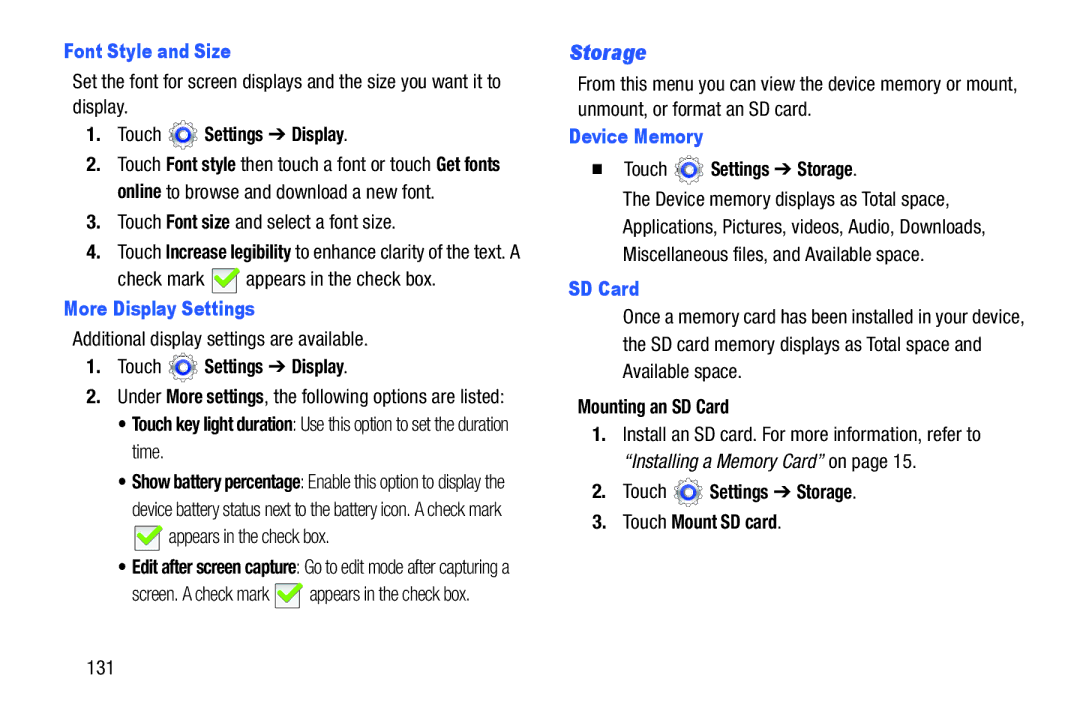 Samsung GT-P5210GNYXAR user manual Storage, Font Style and Size, More Display Settings, Device Memory, SD Card 