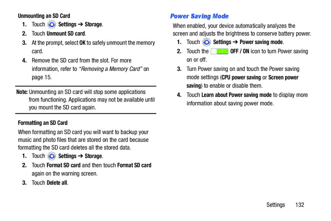 Samsung GT-P5210GNYXAR Power Saving Mode, Formatting an SD Card, Touch Delete all, Touch Settings Power saving mode 