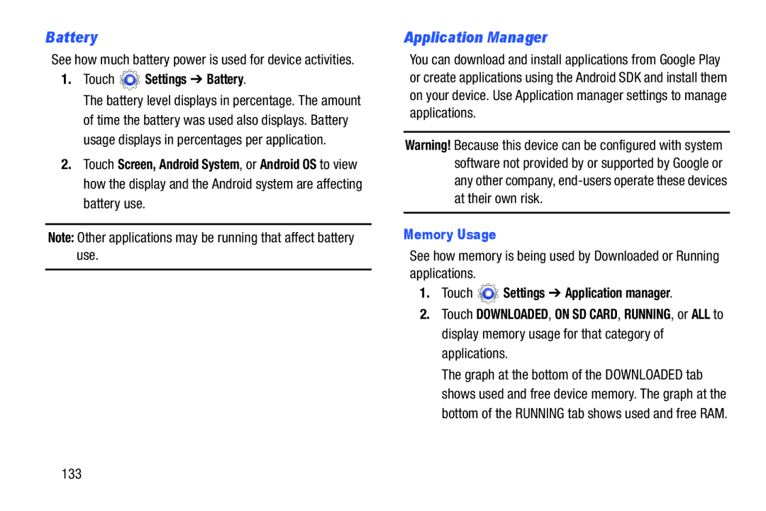 Samsung GT-P5210GNYXAR user manual Application Manager, Touch Settings Battery, Memory Usage, 133 