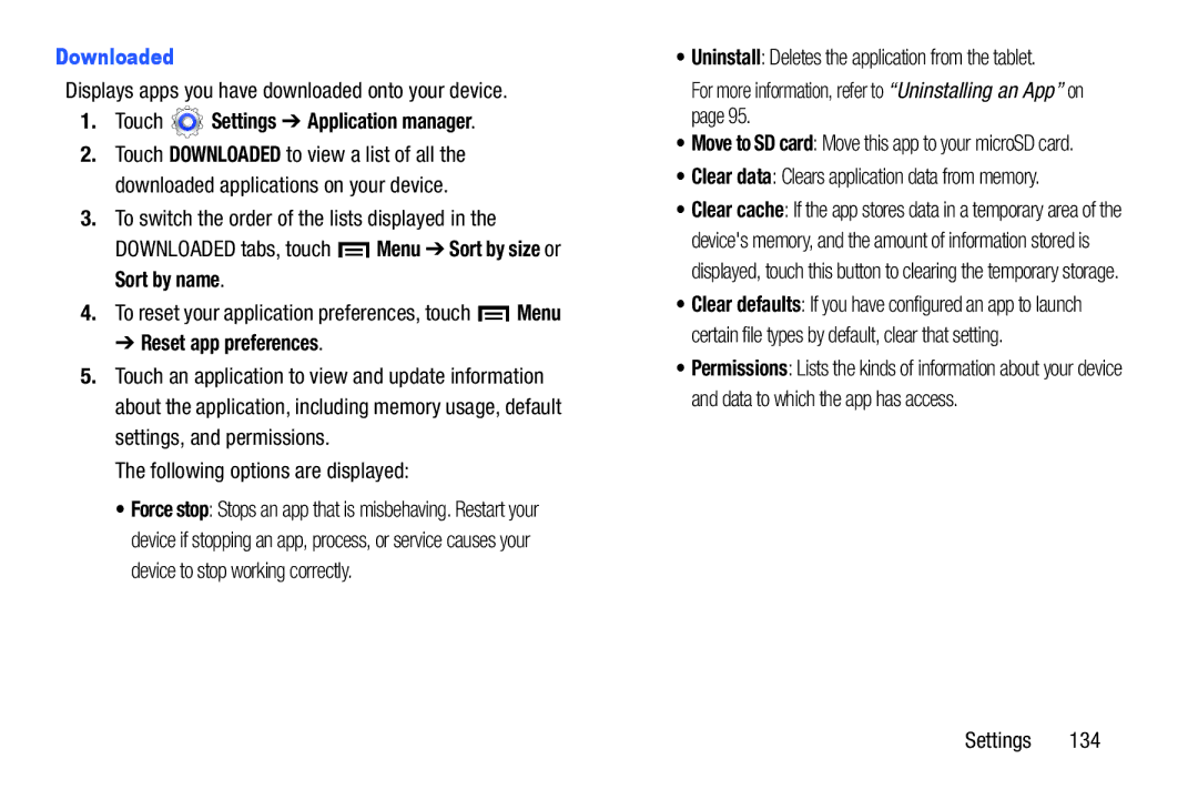 Samsung GT-P5210GNYXAR user manual Downloaded, Touch Settings Application manager, Reset app preferences 