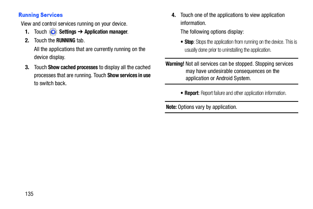 Samsung GT-P5210GNYXAR user manual Running Services, View and control services running on your device, 135 