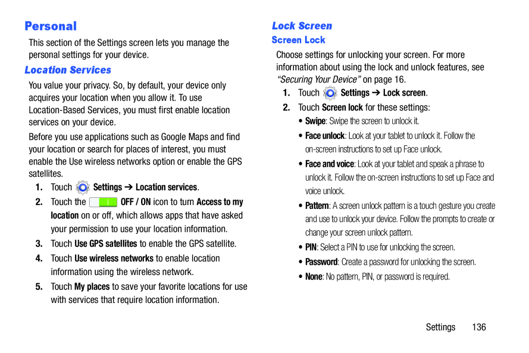 Samsung GT-P5210GNYXAR user manual Personal, Location Services, Lock Screen, Screen Lock 