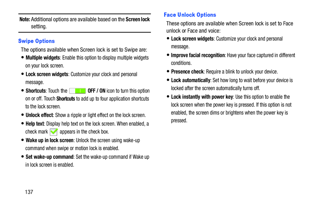 Samsung GT-P5210GNYXAR user manual Swipe Options, Face Unlock Options, 137 