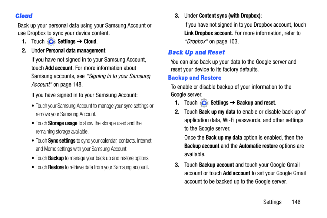 Samsung GT-P5210GNYXAR user manual Cloud, Back Up and Reset, Backup and Restore 