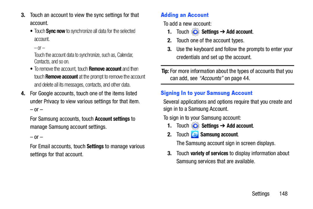 Samsung GT-P5210GNYXAR user manual Adding an Account, Touch Settings Add account, Signing In to your Samsung Account 