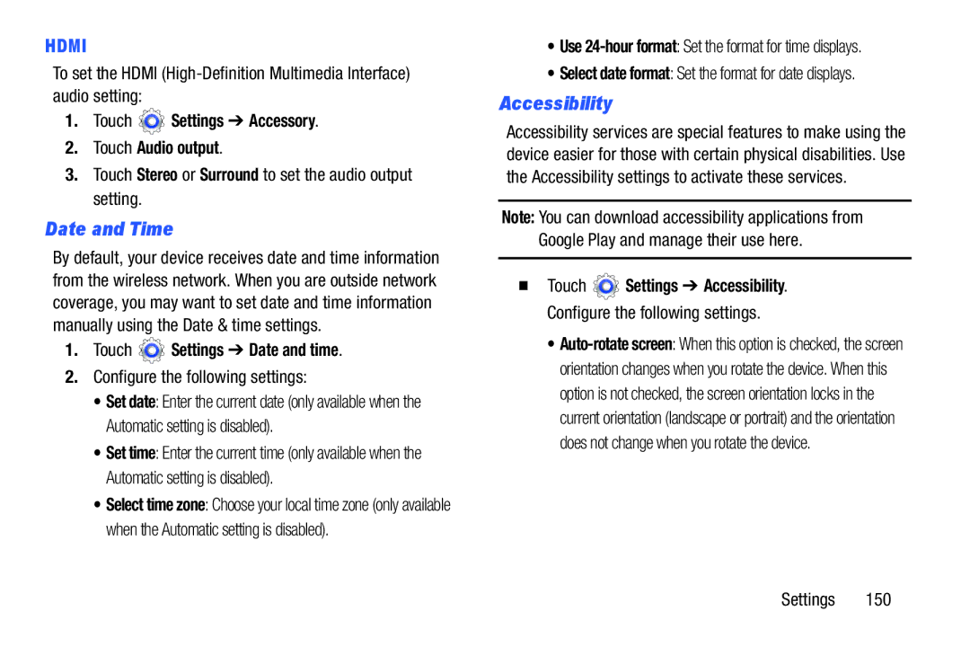 Samsung GT-P5210GNYXAR user manual Accessibility, Touch Settings Accessory Touch Audio output, Touch Settings Date and time 