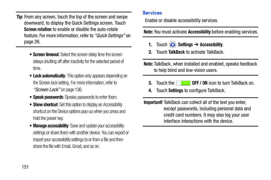 Samsung GT-P5210GNYXAR user manual Services, Touch Settings Accessibility 