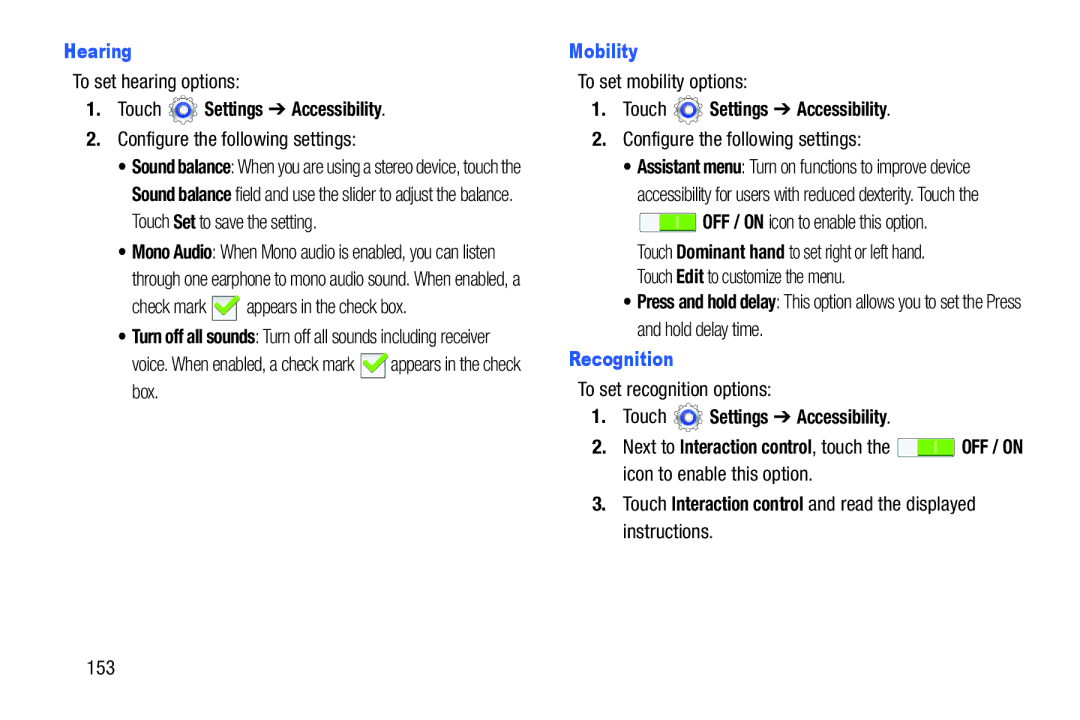 Samsung GT-P5210GNYXAR user manual Hearing, Mobility, Recognition 