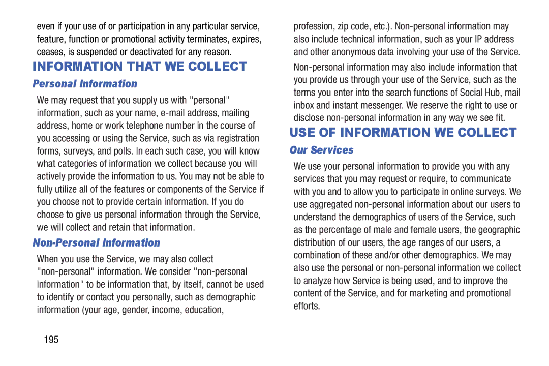 Samsung GT-P5210GNYXAR user manual Non-Personal Information, Our Services, 195 