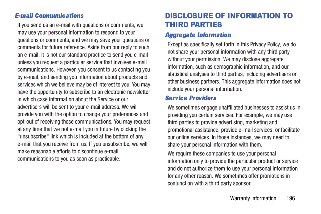 Samsung GT-P5210GNYXAR user manual Mail Communications, Aggregate Information, Service Providers, 196 