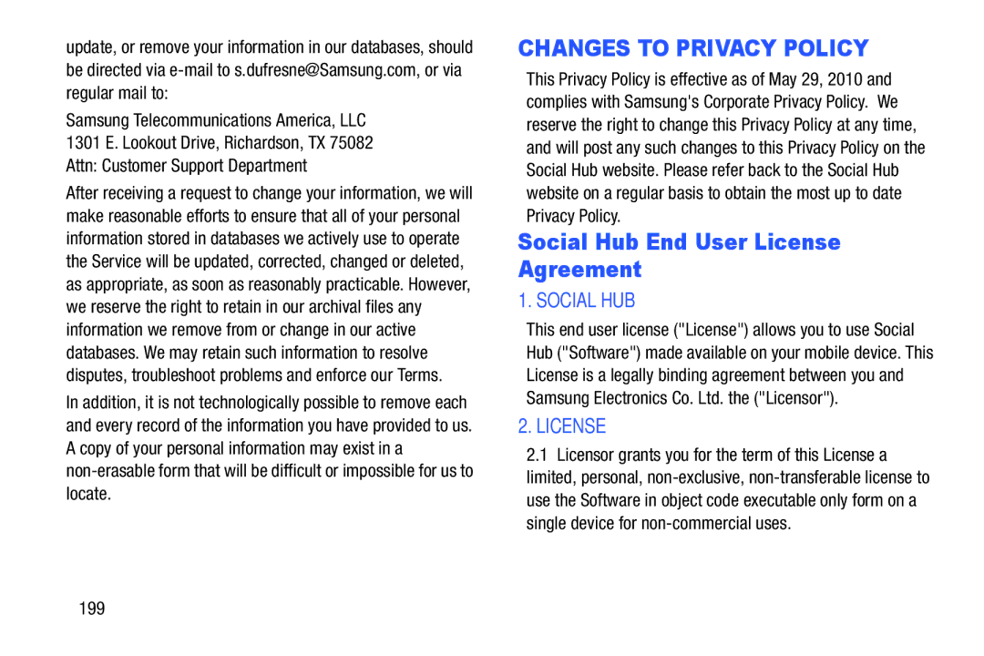 Samsung GT-P5210GNYXAR user manual Social Hub End User License Agreement, 199 