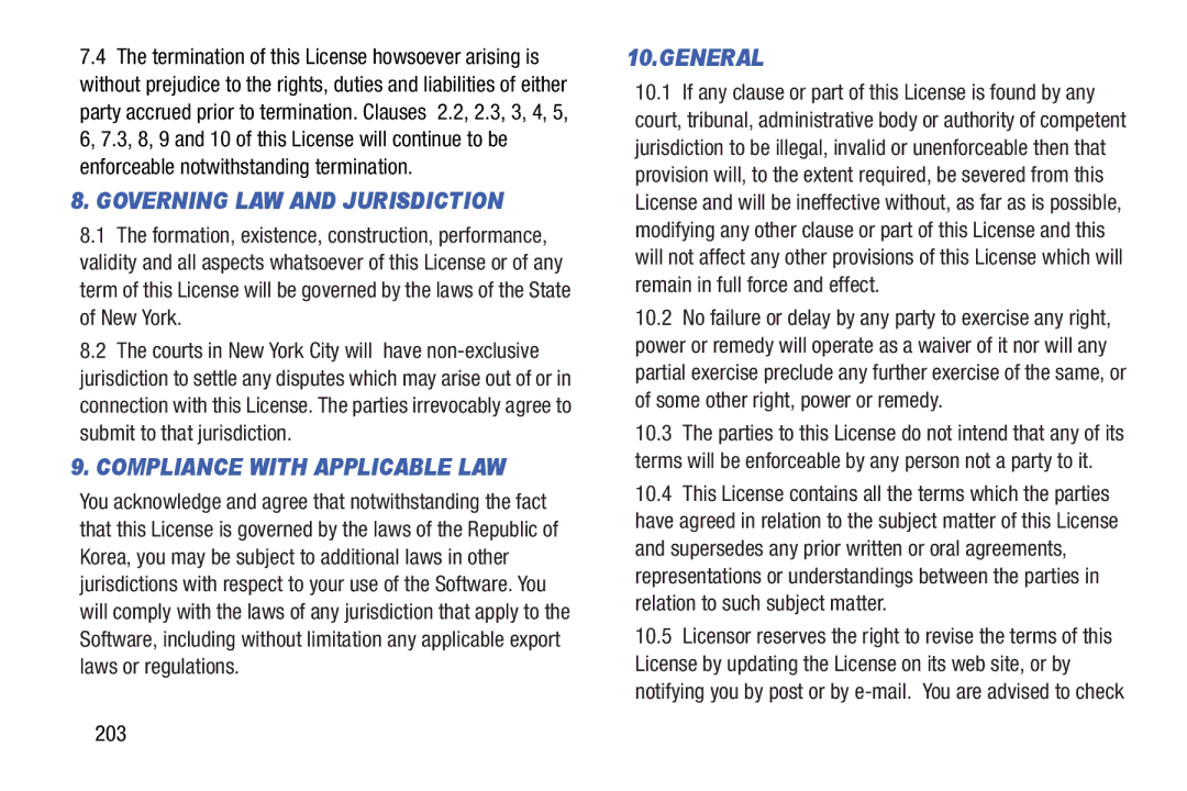 Samsung GT-P5210GNYXAR user manual Governing LAW and Jurisdiction, 203 