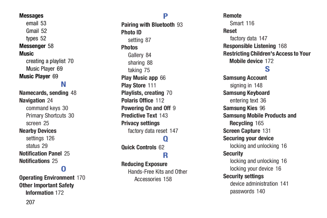 Samsung GT-P5210GNYXAR Messenger Music, Privacy settings, Quick Controls Reducing Exposure, Remote, Reset, Samsung Account 