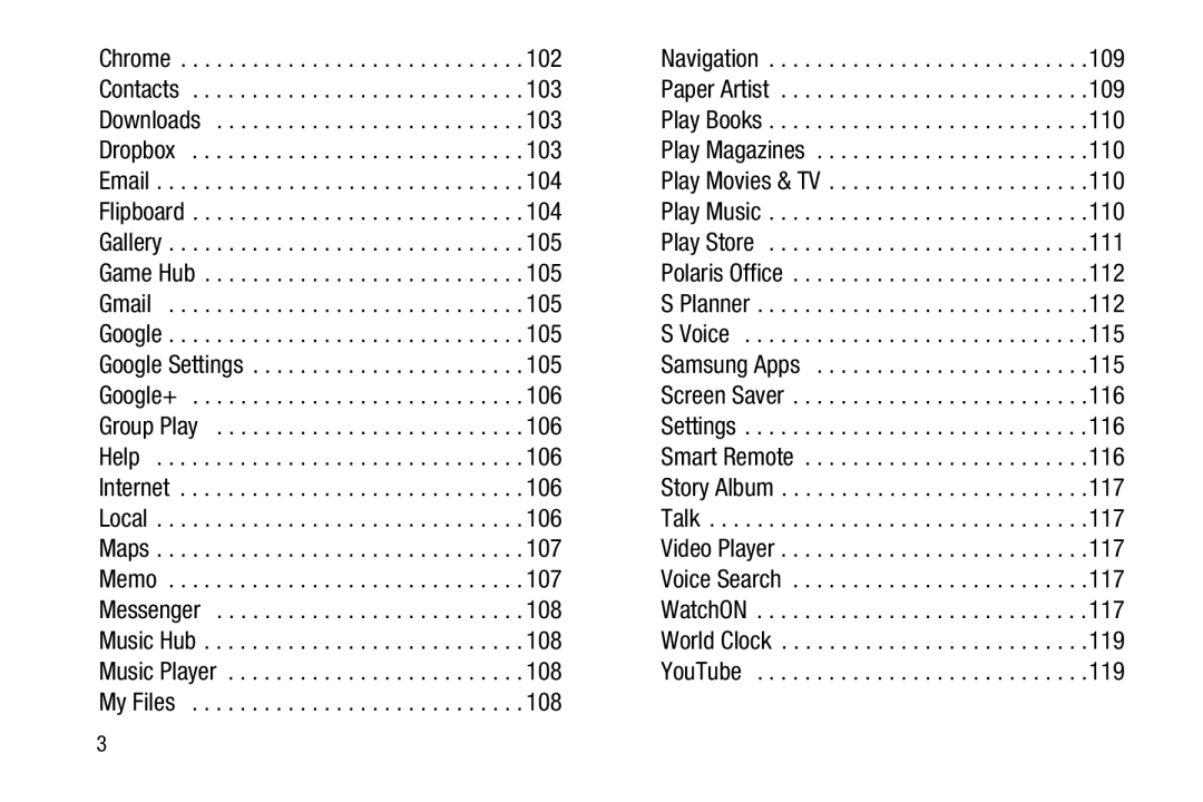 Samsung GT-P5210GNYXAR user manual 102, 109, 103, 110, 104, 105, 111, 112, 115, 106, 116, 117, 107, 108, 119 