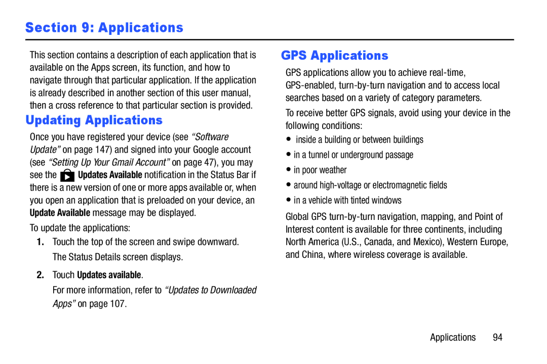 Samsung GT-P5210GNYXAR user manual Updating Applications, GPS Applications, Touch Updates available 