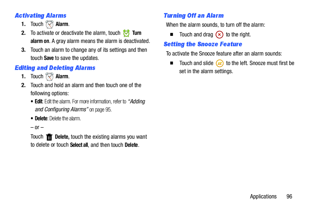 Samsung GT-P5210GNYXAR Activating Alarms, Editing and Deleting Alarms, Turning Off an Alarm, Setting the Snooze Feature 