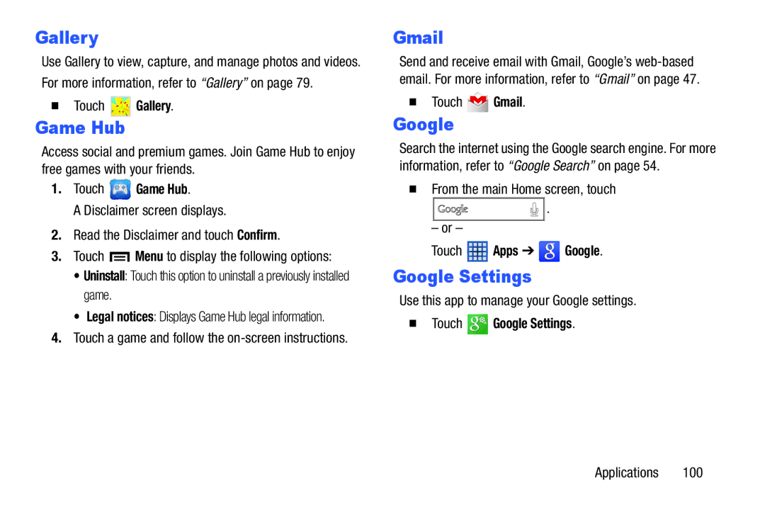 Samsung GT-P5210GNYXAR user manual Game Hub, Google Settings 