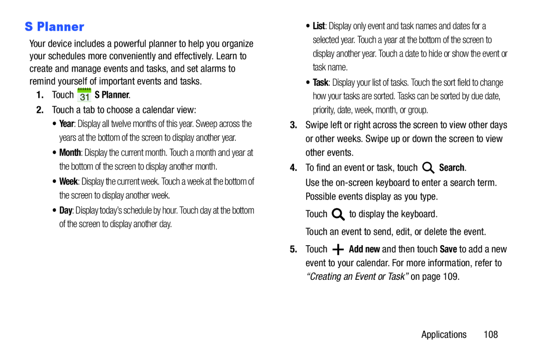 Samsung GT-P5210GNYXAR user manual Touch S Planner, Touch a tab to choose a calendar view 