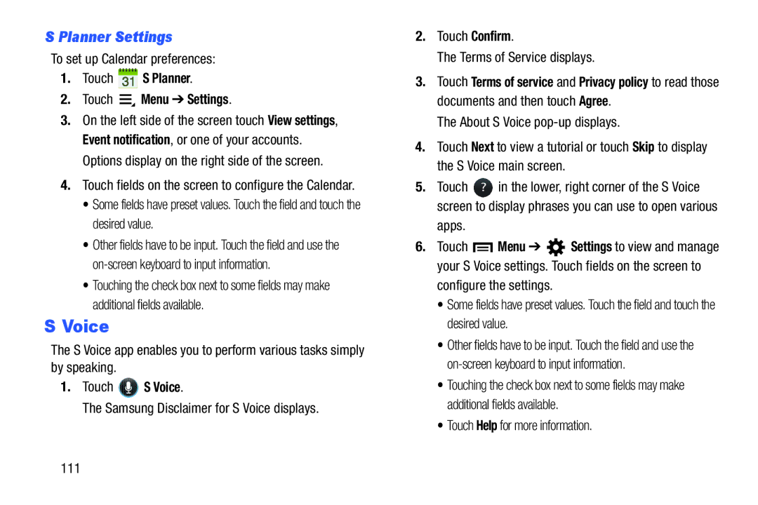 Samsung GT-P5210GNYXAR user manual Planner Settings, Touch S Planner Touch Menu Settings, Touch S Voice 