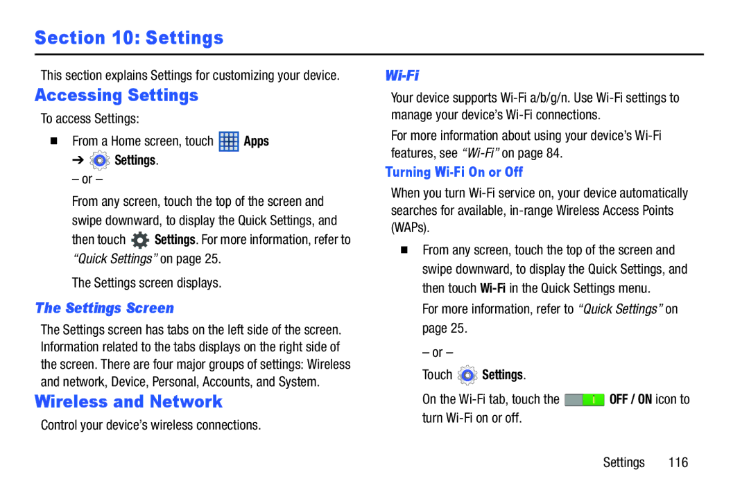 Samsung GT-P5210GNYXAR user manual Accessing Settings, Wireless and Network, Settings Screen, Turning Wi-Fi On or Off 