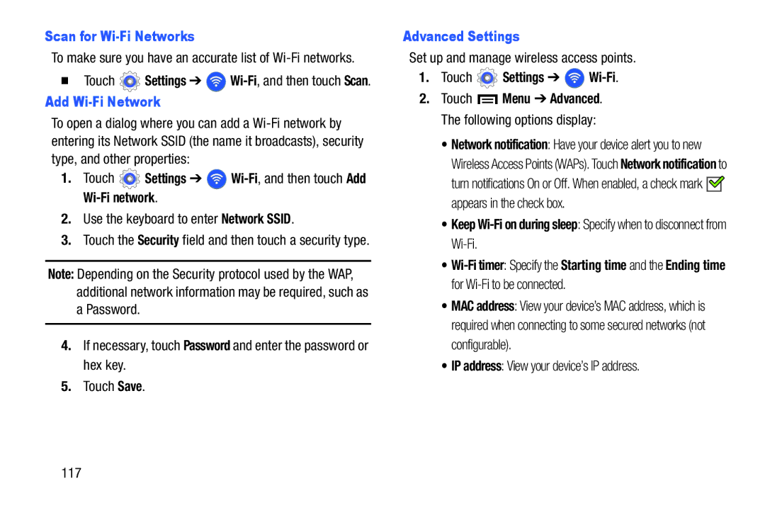 Samsung GT-P5210GNYXAR user manual Scan for Wi-Fi Networks, Add Wi-Fi Network, Advanced Settings, Touch Settings Wi-Fi 