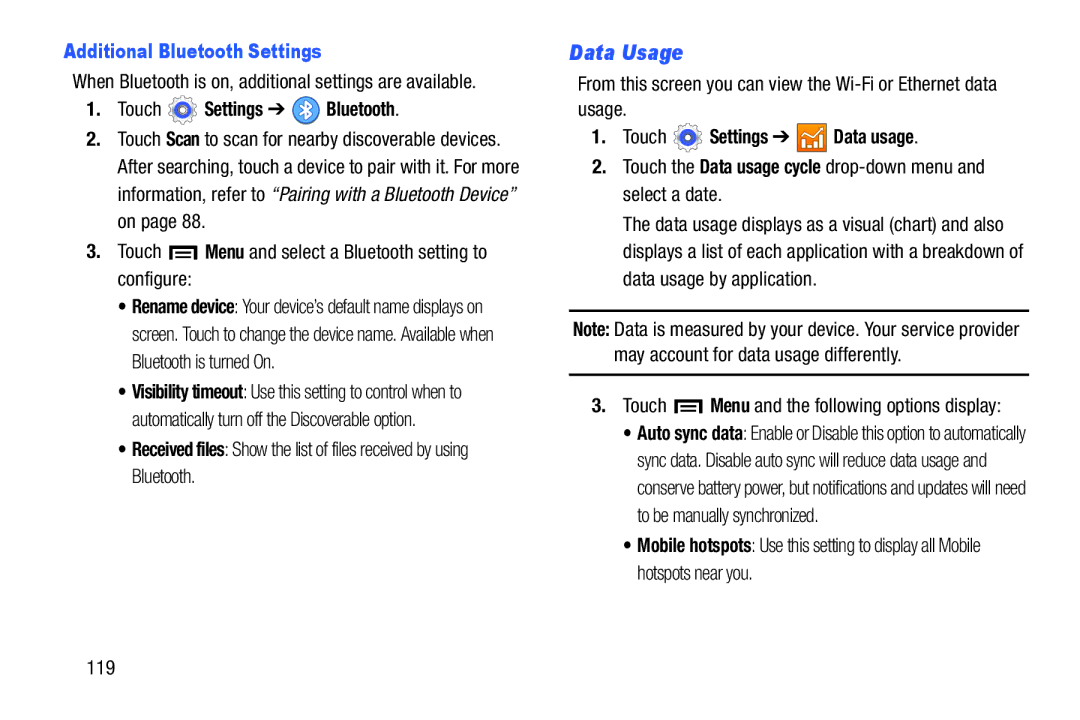 Samsung GT-P5210GNYXAR Data Usage, Additional Bluetooth Settings, When Bluetooth is on, additional settings are available 